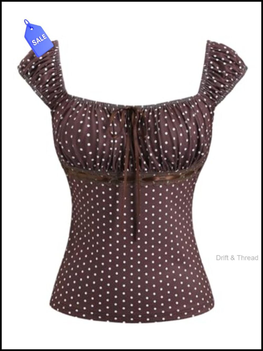 Y2K Polka Dot Ruched Bow Tie Front Square Neck Cap Sleeve Fitted Tee